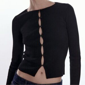Zara Ribbed Knit V Neck Long Sleeve Button Down Fitted Cardigan Sweater Black L